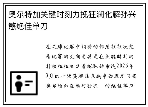 奥尔特加关键时刻力挽狂澜化解孙兴慜绝佳单刀 奥尔特加关键时刻力挽狂澜化解孙兴慜绝佳单刀